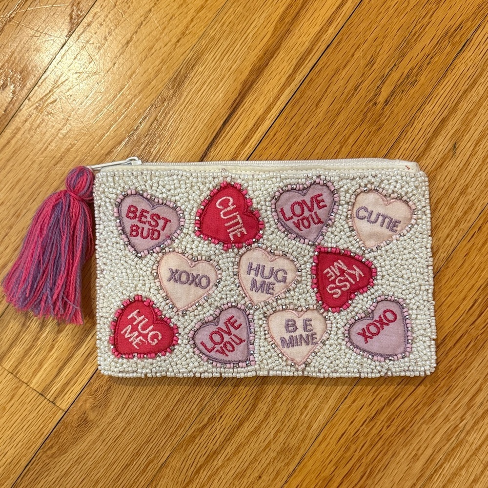 Heart Embellished Beaded Clutch with Tassel